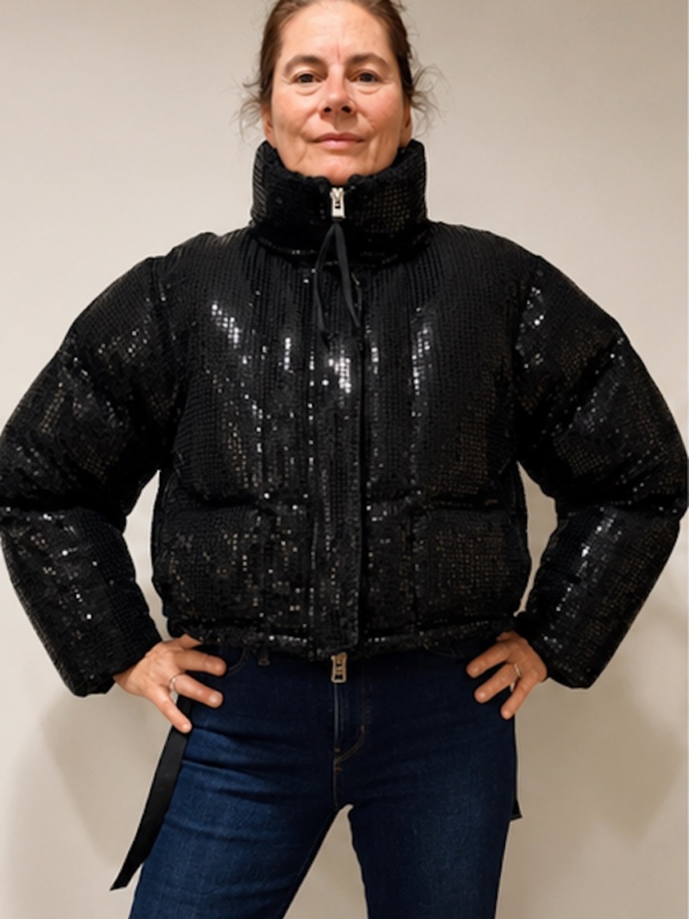Shoreditch Ski Club Black Sequin Disco Puffer Jacket Size S